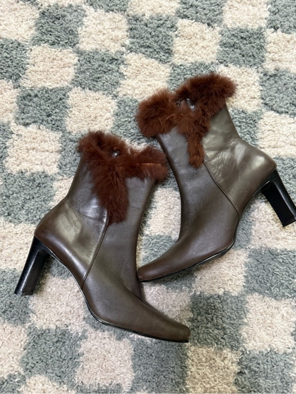 Fiorangelo Patrizia Chocolate Brown Leather Square Toe Faux Fur Trim Heeled Boot